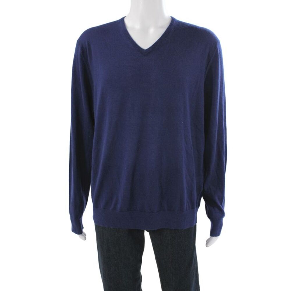N.Peal Mens V-Neck Pullover Sweater Blue 70% Cashmere Size 2XL